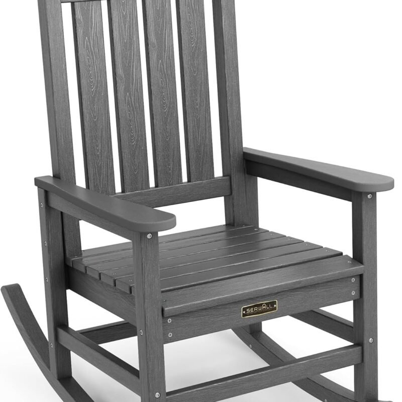 SERWALL Oversized Rocking Chair, Outdoor Rocking Chair for Adults, All Weather Resistant Porch Rocker for Lawn Garden, Grey