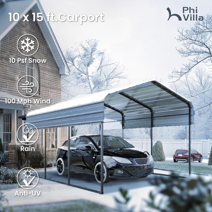PHI VILLA 10 x 15 ft Heavy Duty Carport with Galvanized Steel Roof, Sturdy Metal Carport for Cars, Boats, and Tractors - Image 2