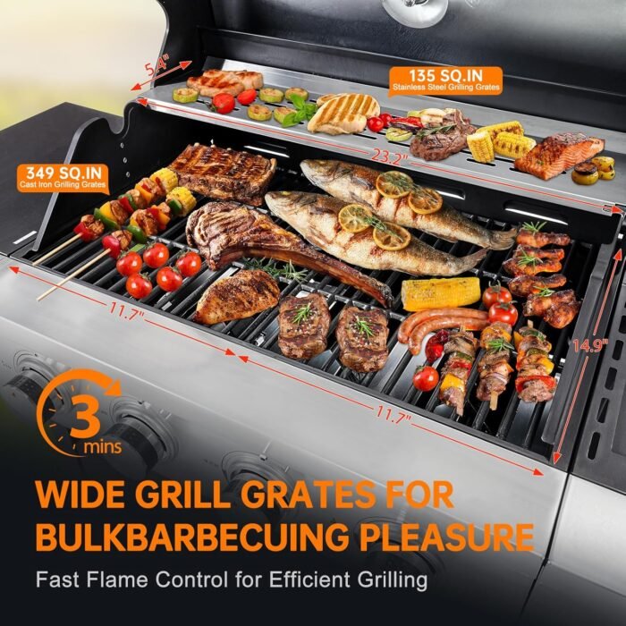 4 Burner Propane Gas Grill with Side Burner, Stainless Steel BBQ Grill 48,500 BTU for Outdoor Cooking Kitchen, Garden and Patio Backyard Barbecue, Black and Silver - Image 2