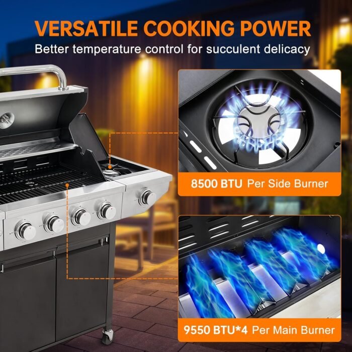 4 Burner Propane Gas Grill with Side Burner, Stainless Steel BBQ Grill 48,500 BTU for Outdoor Cooking Kitchen, Garden and Patio Backyard Barbecue, Black and Silver - Image 3