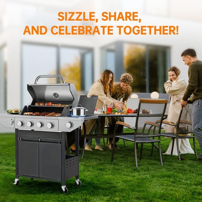4 Burner Propane Gas Grill with Side Burner, Stainless Steel BBQ Grill 48,500 BTU for Outdoor Cooking Kitchen, Garden and Patio Backyard Barbecue, Black and Silver - Image 7