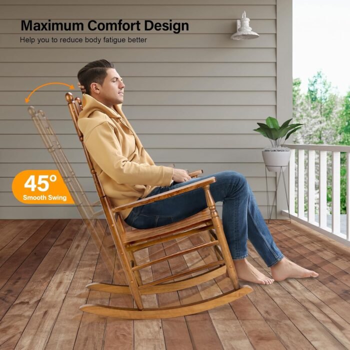 VINGLI Wooden Rocking Chair Outdoor, Patio Rockers with High Back, Support 450 LBS Rocking Chairs, for Porch, Patio, Balcony, Garden, Yard (Oak, 1 PC) - Image 5