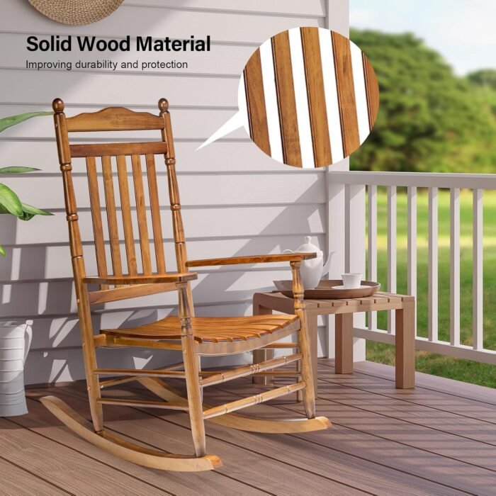 VINGLI Wooden Rocking Chair Outdoor, Patio Rockers with High Back, Support 450 LBS Rocking Chairs, for Porch, Patio, Balcony, Garden, Yard (Oak, 1 PC) - Image 6