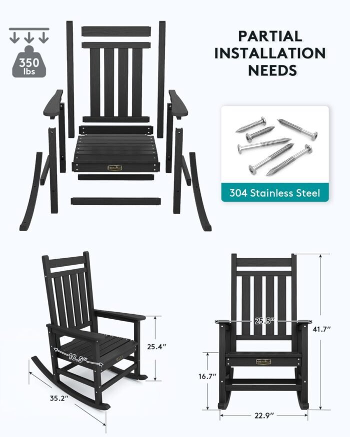 SERWALL Outdoor Rocking Chair Set of 2, HDPE Rocking Chairs for Adult, Black - Image 3