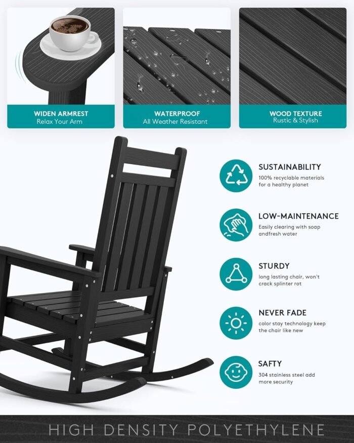 SERWALL Outdoor Rocking Chair Set of 2, HDPE Rocking Chairs for Adult, Black - Image 4