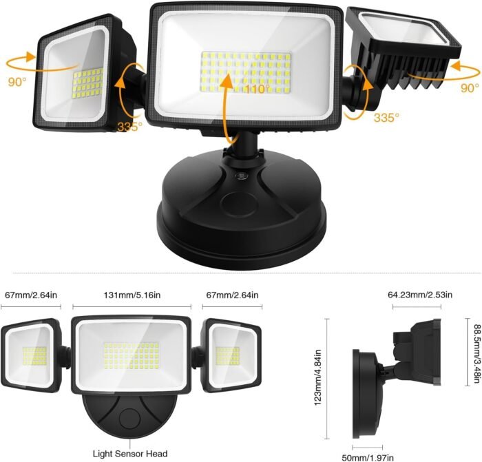 Onforu 2 Pack 60W Flood Lights Outdoor, 6000LM LED Flood Lighting Outdoor Switch Controlled, IP65 Waterproof Exterior Floodlight Fixture with 3 Adjustable Heads, 6500K Security Light for Garage Yard - Image 5