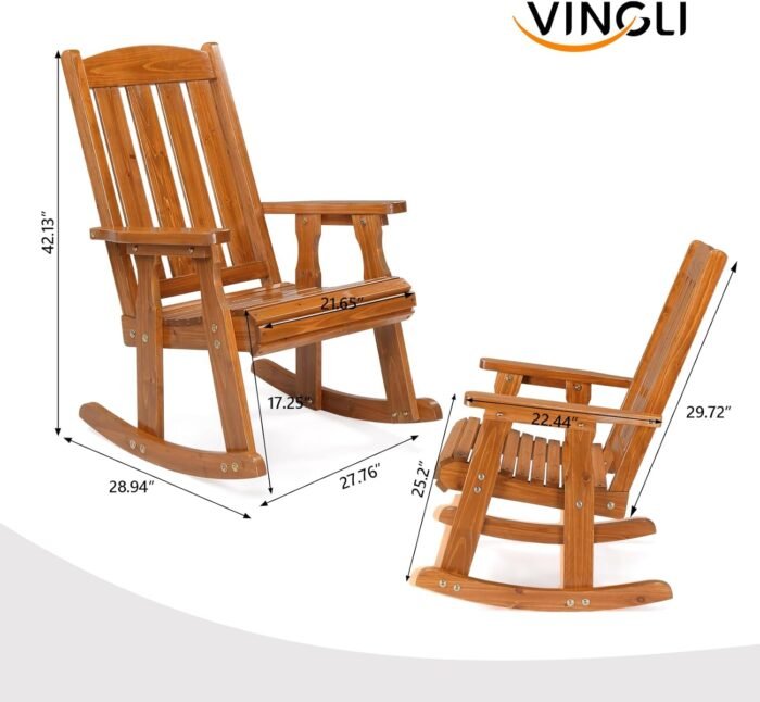 VINGLI Heavy Duty 600 LBS Outdoor Wooden Rocking Chair with Higher Backrest,Patio Rocking Chair with Ergonomic Design, Weatherproof Outdoor Rockers Suit for Patio, Garden, Balcony, Yard - Image 3