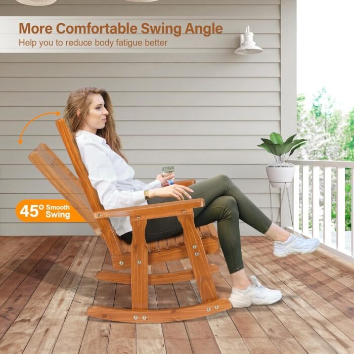 VINGLI Heavy Duty 600 LBS Outdoor Wooden Rocking Chair with Higher Backrest,Patio Rocking Chair with Ergonomic Design, Weatherproof Outdoor Rockers Suit for Patio, Garden, Balcony, Yard - Image 4
