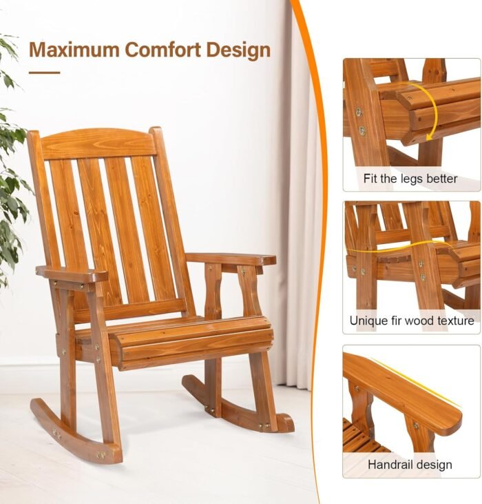 VINGLI Heavy Duty 600 LBS Outdoor Wooden Rocking Chair with Higher Backrest,Patio Rocking Chair with Ergonomic Design, Weatherproof Outdoor Rockers Suit for Patio, Garden, Balcony, Yard - Image 6