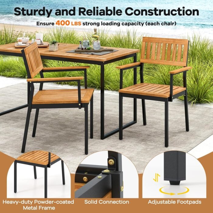 Tangkula 6 Pieces Outdoor Acacia Wood Dining Set, Patio Table and Chairs Set with Bench for 6-7 People, Outdoor Dining Furniture Set with 2" Umbrella Hole for Garden, Backyard and Poolside - Image 5