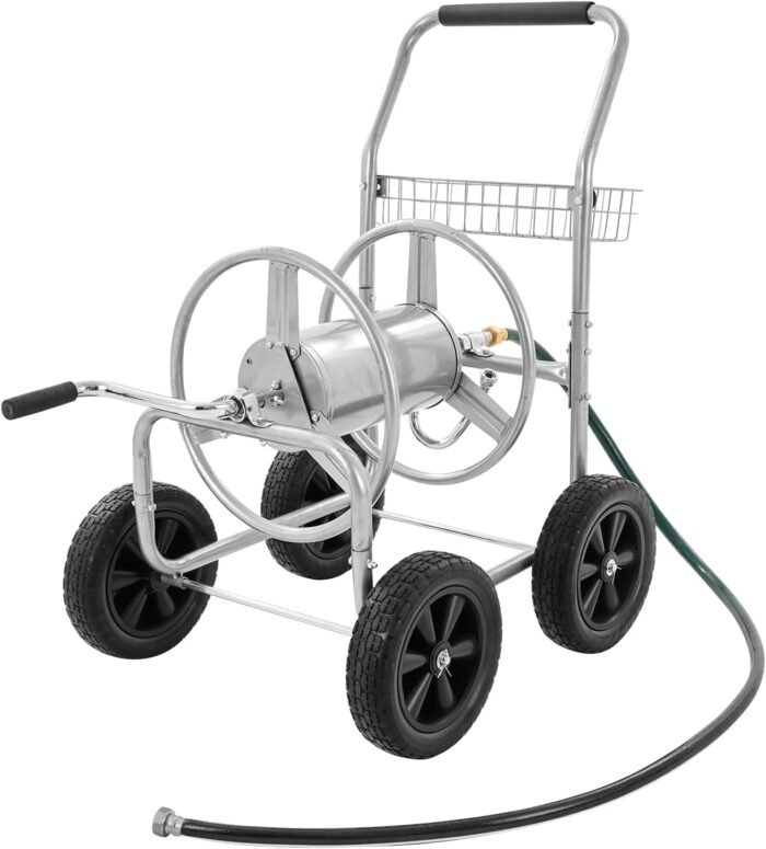 VEVOR Hose Reel Cart, Hold Up to 300 ft of 5/8’’ Hose, Hose Carts Mobile Tools with 4 Wheels, Heavy Duty Outdoor Water Planting Cart with Storage Basket, for Garden, Yard, Lawn