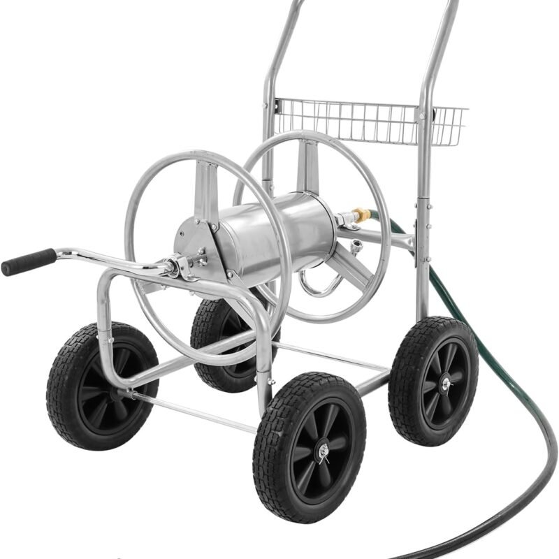 VEVOR Hose Reel Cart, Hold Up to 300 ft of 5/8’’ Hose, Hose Carts Mobile Tools with 4 Wheels, Heavy Duty Outdoor Water Planting Cart with Storage Basket, for Garden, Yard, Lawn
