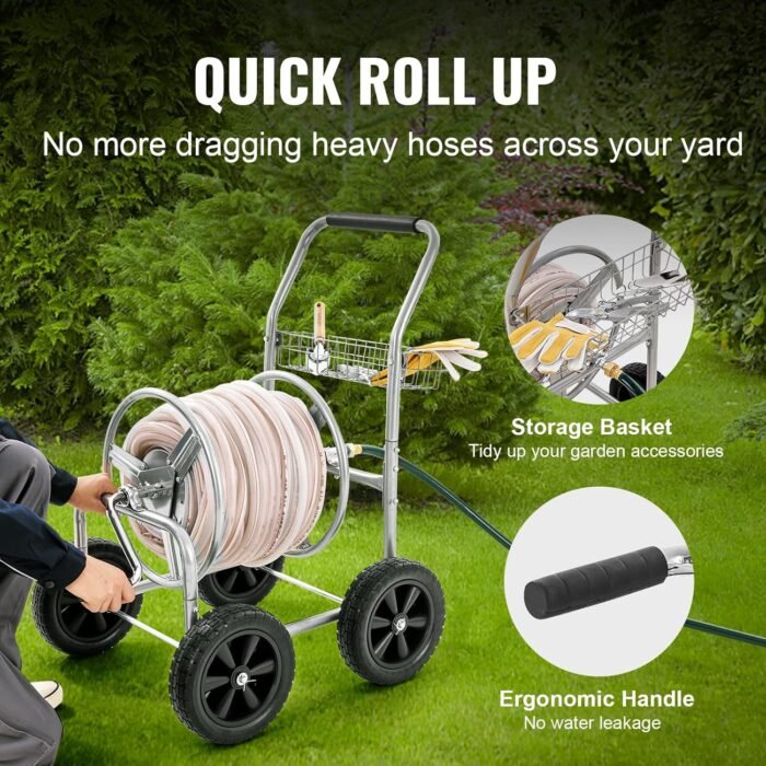 VEVOR Hose Reel Cart, Hold Up to 300 ft of 5/8’’ Hose, Hose Carts Mobile Tools with 4 Wheels, Heavy Duty Outdoor Water Planting Cart with Storage Basket, for Garden, Yard, Lawn - Image 4