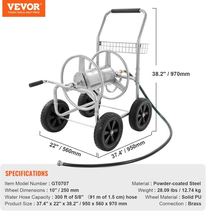 VEVOR Hose Reel Cart, Hold Up to 300 ft of 5/8’’ Hose, Hose Carts Mobile Tools with 4 Wheels, Heavy Duty Outdoor Water Planting Cart with Storage Basket, for Garden, Yard, Lawn - Image 7
