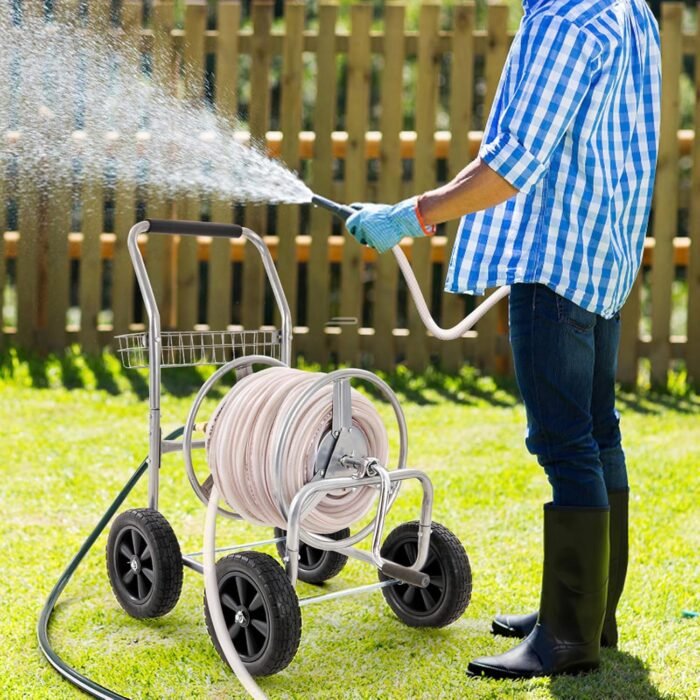 VEVOR Hose Reel Cart, Hold Up to 300 ft of 5/8’’ Hose, Hose Carts Mobile Tools with 4 Wheels, Heavy Duty Outdoor Water Planting Cart with Storage Basket, for Garden, Yard, Lawn - Image 8
