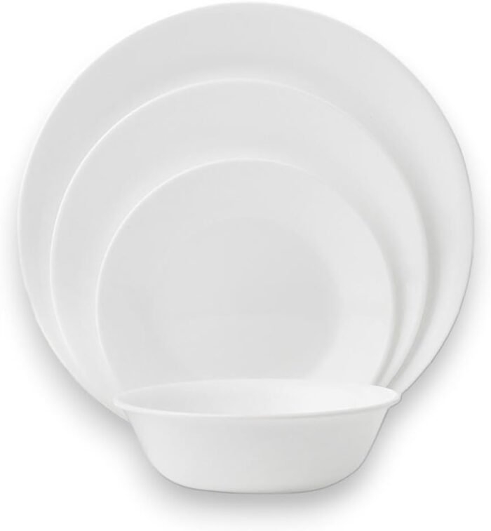 Corelle Vitrelle 18-Piece Service for 6 Dinnerware Set, Triple Layer Glass and Chip Resistant, Lightweight Round Plates and Bowls Set, Winter Frost White - Image 4