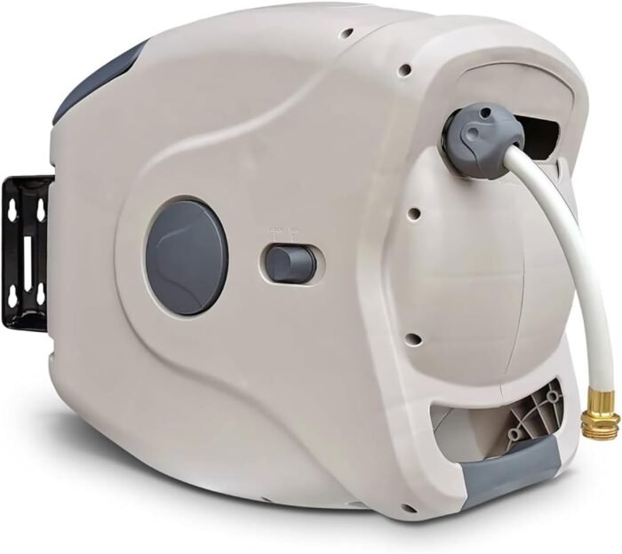 100ft Retractable Hose Reel 5/8 | Automatic Retractable Hose Reel w/Wall Mount | Easy to Assemble Water Hose Reel w/Flexible Swivel Mount | Retractable Garden Hose Reel (100ft. Tan/Grey)