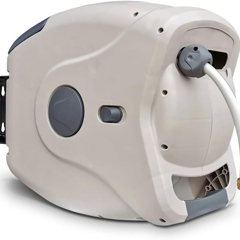 100ft Retractable Hose Reel 5/8 | Automatic Retractable Hose Reel w/Wall Mount | Easy to Assemble Water Hose Reel w/Flexible Swivel Mount | Retractable Garden Hose Reel (100ft. Tan/Grey)