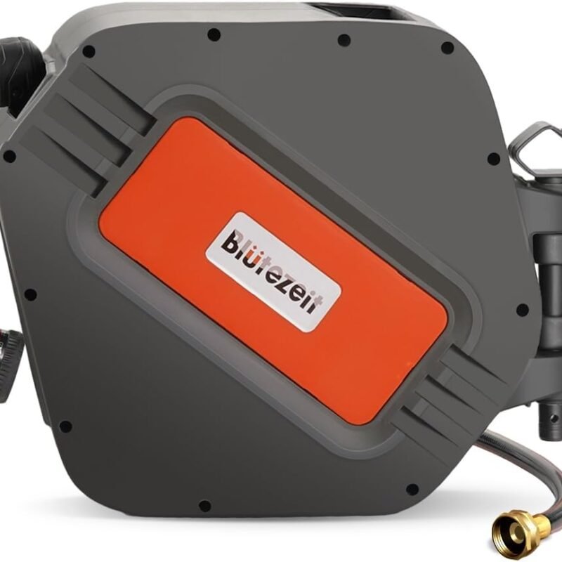 Blütezeit Retractable Garden Hose Reel, 1/2'' x 65ft+6ft Hose Reel Wall Mount with 9 Function Nozzle | Any Length Lock | 180° Swivel Bracket | Automatic Slow Rewind Self-Winding