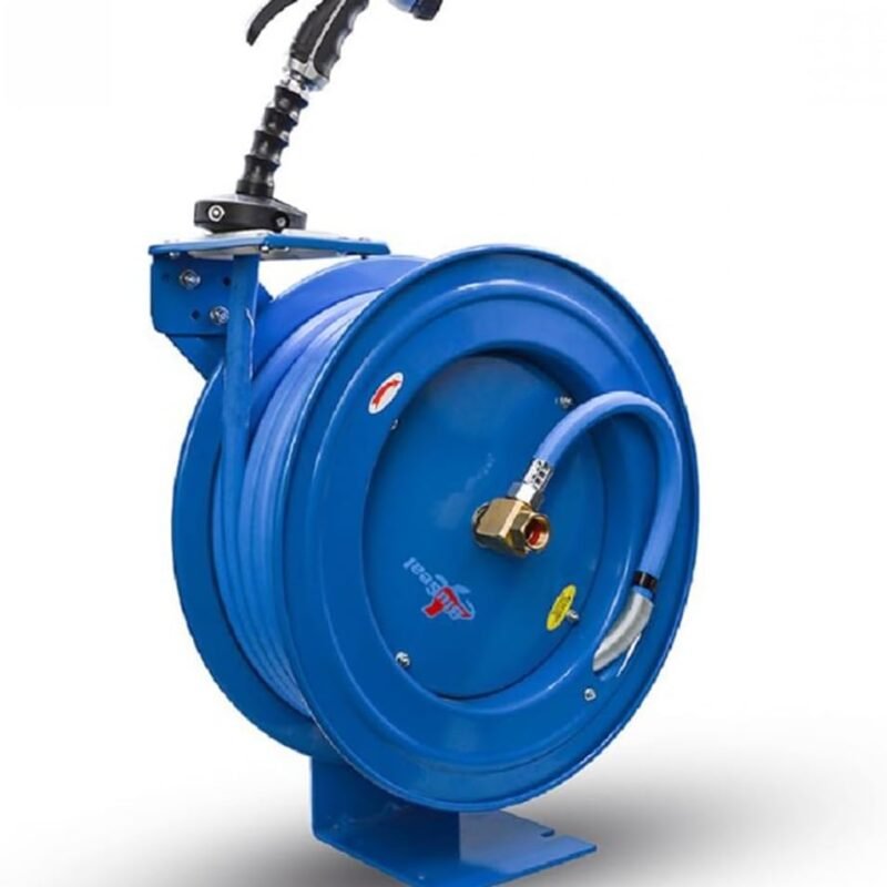 BLUSEAL BSWR5850 Retractable Hose Reel with 5/8" x 50' Hot Water Rubber Hose, 6' Lead-in, 500 PSI, Brass Fittings, Swivel Mount Hose Reel, 9 Pattern Spray Nozzle