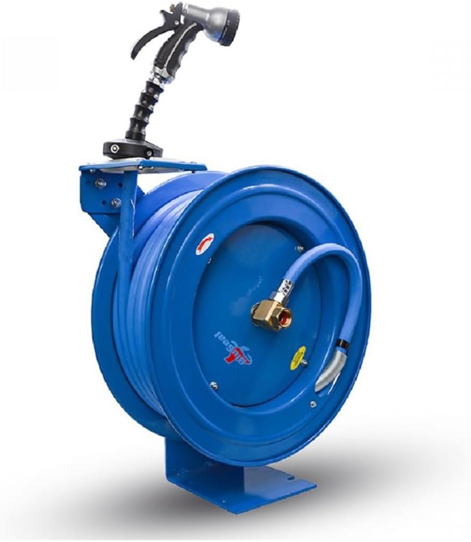 BLUSEAL BSWR5850 Retractable Hose Reel with 5/8" x 50' Hot Water Rubber Hose, 6' Lead-in, 500 PSI, Brass Fittings, Swivel Mount Hose Reel, 9 Pattern Spray Nozzle
