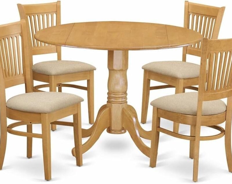 East West Furniture Dublin 5 Piece Kitchen Set Includes a Round Dining Room Table with Dropleaf and 4 Linen Fabric Upholstered Chairs, 42x42 Inch, DLVA5-OAK-C