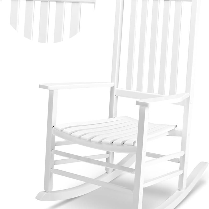 Outvita Outdoor Rocking Chair, Solid Wood High Back Rocker, All Weather Lounge Chair for Porch Patio Fire Pit Garden Backyard Deck Indoor, Wave Shape, White