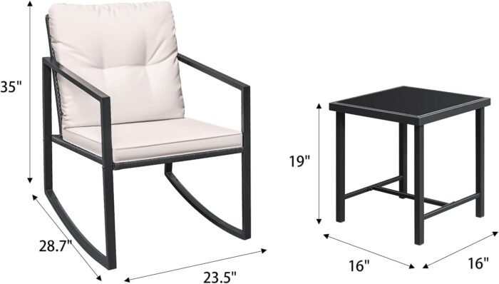 Greesum 3 Pieces Rocking Wicker Bistro Set, Patio Outdoor Furniture Conversation Sets with Porch Chairs and Glass Coffee Table, Beige - Image 7