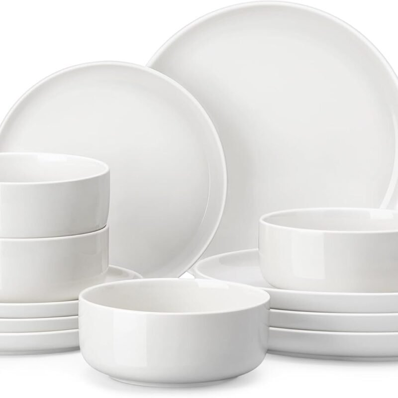 MALACASA Plates and Bowls Sets, 12 Pieces Porcelain Dinnerware Sets Dishware Sets Chip Resistant Ceramic Dish Set Dining Dinner Ware Service for 4, White, Series LUNA