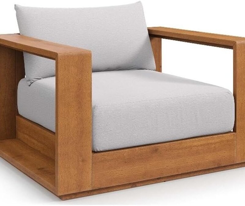 Modway Tahoe Acacia Wood Outdoor Patio Chair in Natural Light Gray with Weather-Resistant Cushions - Ideal as Club Chair or Outdoor Dining Chair