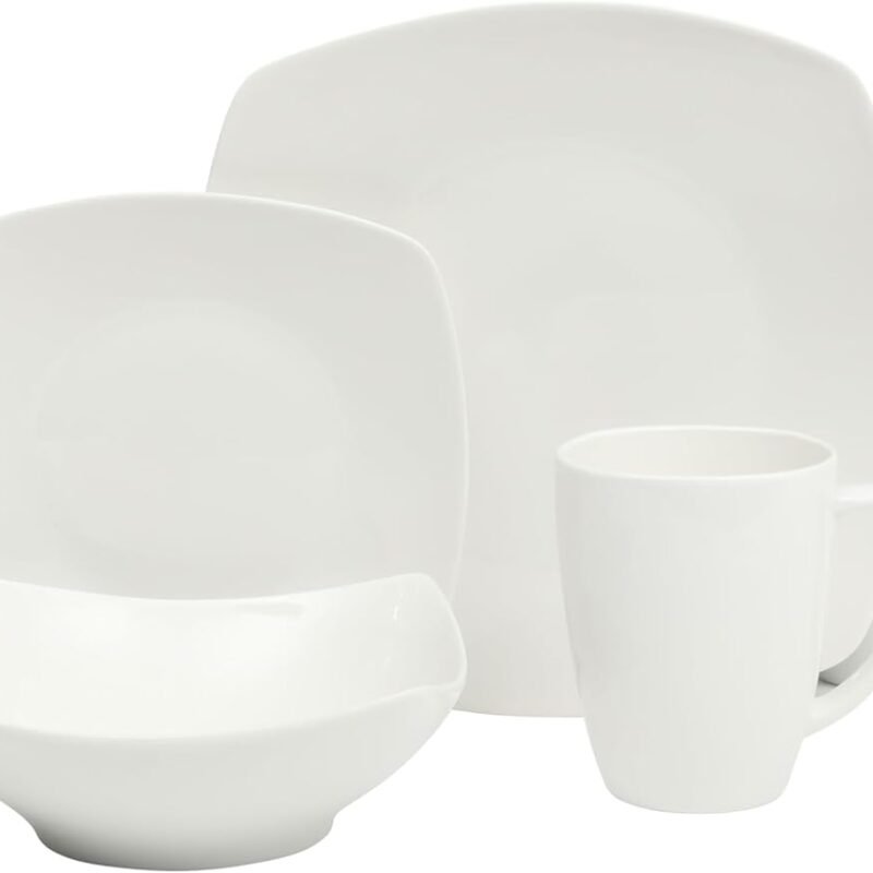 Gibson Home Zen Buffet Porcelain Chip and Scratch Resistant Dinnerware Plates, Bowls, and Mugs Set, Service for 4 (16pcs), White (Square Dishes)