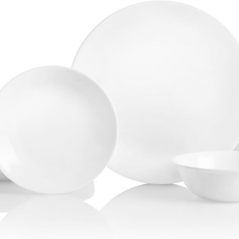Corelle Vitrelle 18-Piece Service for 6 Dinnerware Set, Triple Layer Glass and Chip Resistant, Lightweight Round Plates and Bowls Set, Winter Frost White
