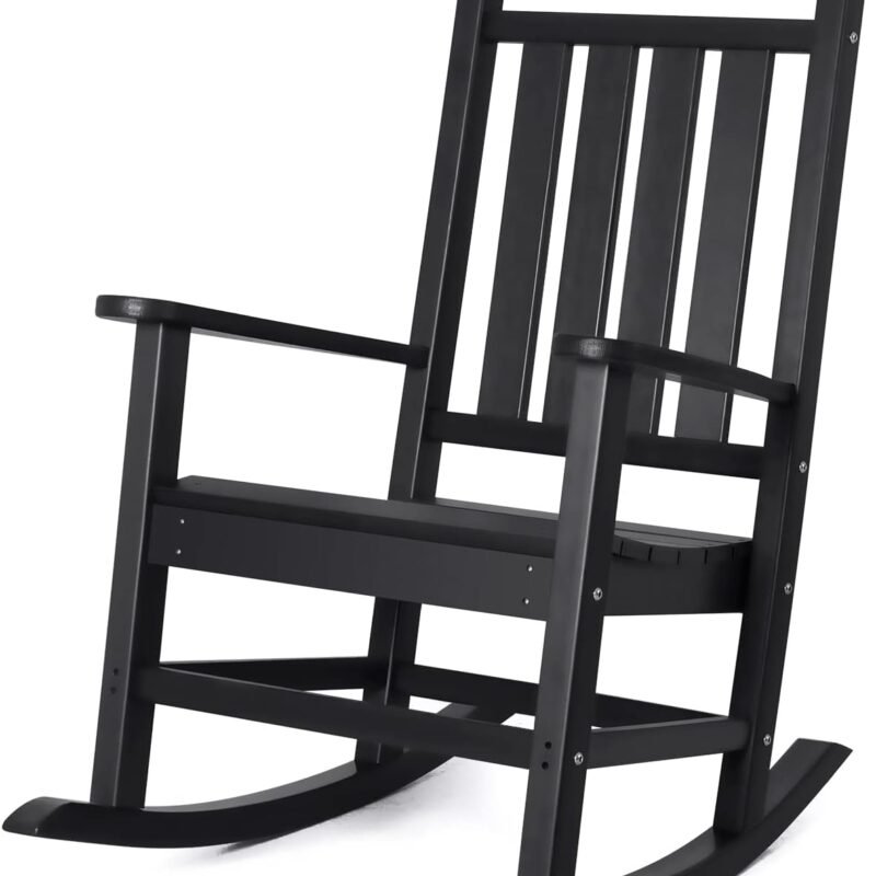 Devoko Resin Rocking Chair Plastic Outdoor Indoor Patio Rocker Chair High Back All Weather Rocker for Patio Backyard Porch Garden (Black)