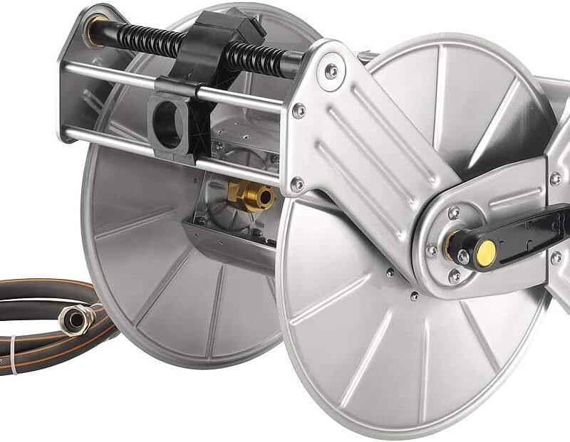 Giraffe Tools Stainless Steel Garden Hose Reel Heavy Duty, Wall/Floor Mounted Stainless Water Hose Reel Retractable with Crank, 150-Feet 5/8" Hose Capacity