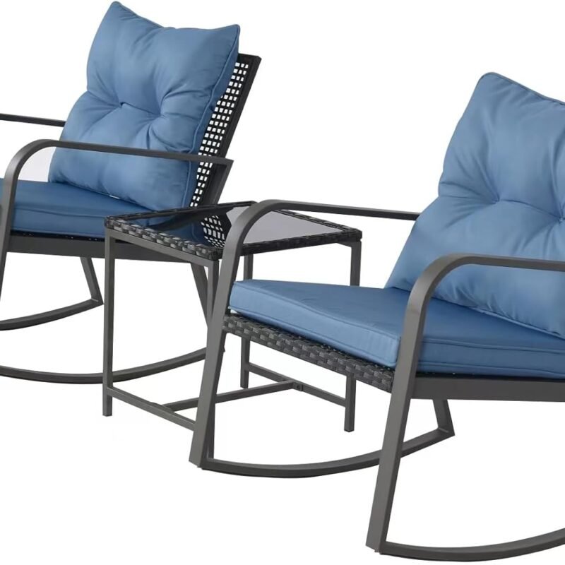Patio Rocking Chair Outdoor Bistro Set (Dark Blue, 3PIECES)
