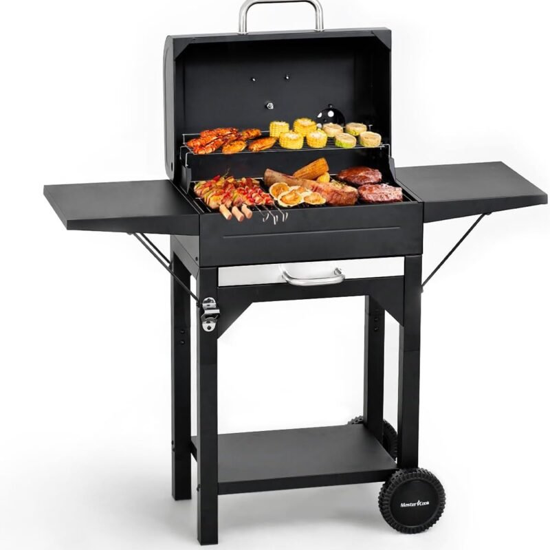 MASTER COOK Charcoal Grill with Two Side Tables, Heavy-duty Steel Barbecue BBQ Grill for Outdoor Picnic Backyard Patio and Parties, Black