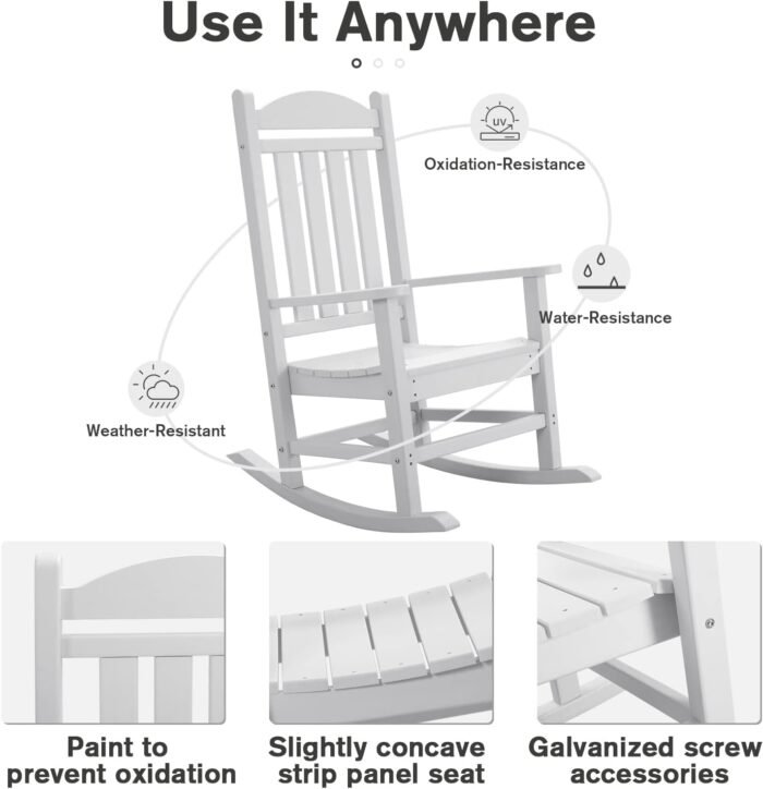 Devoko Resin Rocking Chair Plastic Outdoor Indoor Patio Rocker Chair High Back All Weather Rocker for Patio Backyard Porch Garden (White) - Image 5