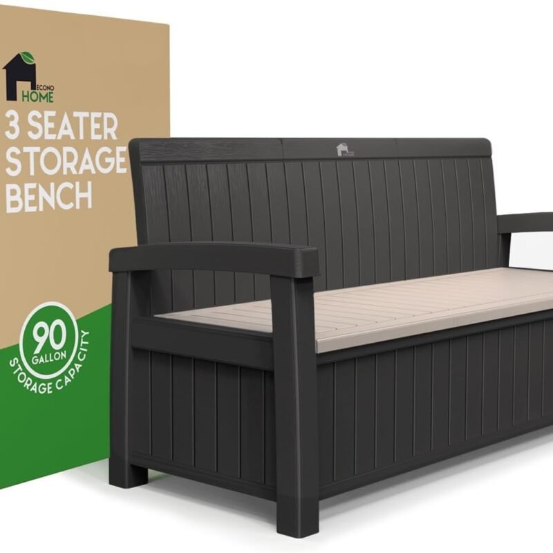 EconoHome 3 Seat Outdoor Storage Bench - 90 Gallon Capacity - Weatherproof Resin Bench for Patio, Porch, Garden, Yard, Pool Area - Furniture for Pool Accessories, Gardening Tools, Toys