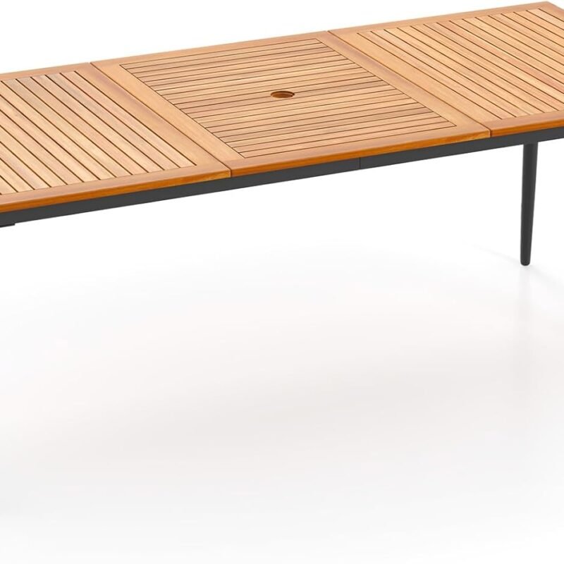 HAPPYGRILL Outdoor Dining Table for 6-8 People, Rectangular Eating Table with 2 inch Umbrella Hole, Sturdy Metal Legs, Patio Acacia Wood Dining Table, Perfect for Porch, Backyard, Garden