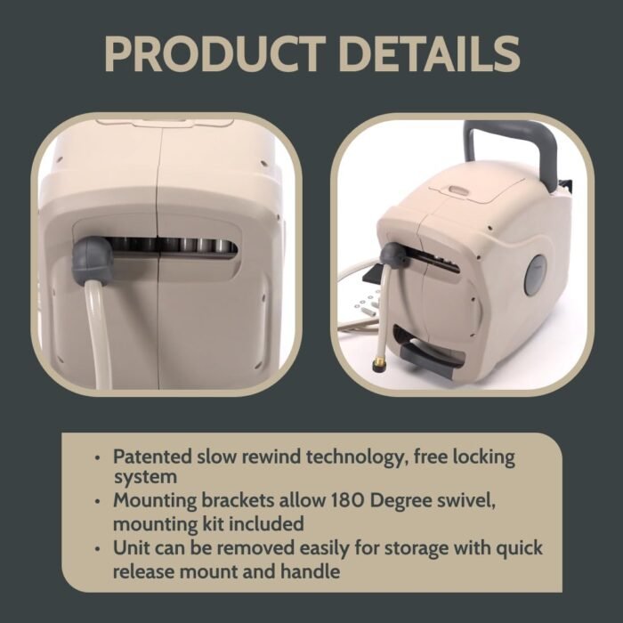 100ft Retractable Hose Reel 5/8 | Automatic Retractable Hose Reel w/Wall Mount | Easy to Assemble Water Hose Reel w/Flexible Swivel Mount | Retractable Garden Hose Reel (100ft. Tan/Grey) - Image 5