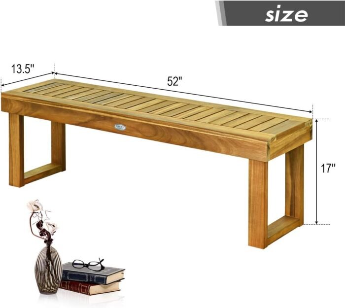 Tangkula 52 Inches Acacia Wood Outdoor Bench, Wood Bench for Dining Room Entryway Poolside Garden, Patio Backless Dining Bench with Slatted Seat, Ideal for Outdoors & Indoors (2, Teak) - Image 3
