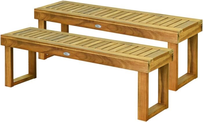 Tangkula 52 Inches Acacia Wood Outdoor Bench, Wood Bench for Dining Room Entryway Poolside Garden, Patio Backless Dining Bench with Slatted Seat, Ideal for Outdoors & Indoors (2, Teak)