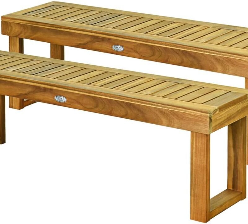 Tangkula 52 Inches Acacia Wood Outdoor Bench, Wood Bench for Dining Room Entryway Poolside Garden, Patio Backless Dining Bench with Slatted Seat, Ideal for Outdoors & Indoors (2, Teak)