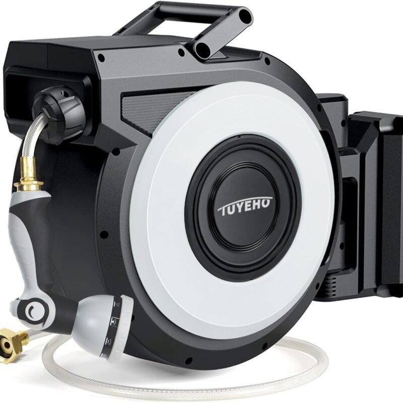 Tuyeho Retractable Garden Hose Reel 100FT, Wall Mount Heavy Duty Water Hose Reels with Automatic Slow Rewind System, Outdoor Hoses Reel with 2 Hose Nozzles for Garden Watering, Car Wash, Pet Shower