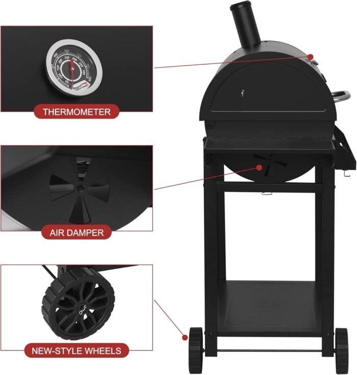 Royal Gourmet CC1830T 30-Inch Barrel Charcoal Grill with Warming Rack & Front Storage Basket, Outdoor BBQ Grill with 627 sq. in. Grilling Area for Backyard Barbecue Cooking Party, Black - Image 6