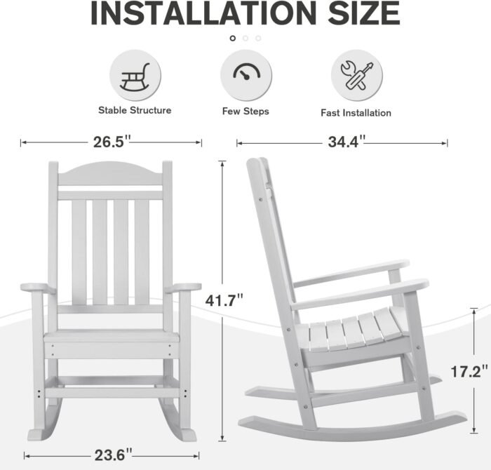 Devoko Resin Rocking Chair Plastic Outdoor Indoor Patio Rocker Chair High Back All Weather Rocker for Patio Backyard Porch Garden (White) - Image 3