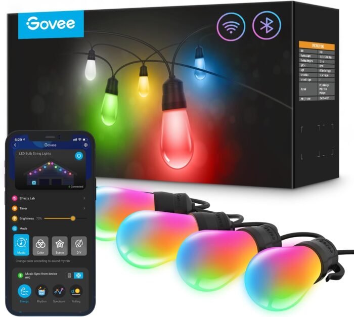 Govee Smart Outdoor String Lights H7021, RGBIC Warm White 96ft (2 Ropes of 48ft) LED Bulbs for Valentine's Day Gifts, WiFi Patio Lights Work with Alexa, Google, APP Control, IP65 Waterproof