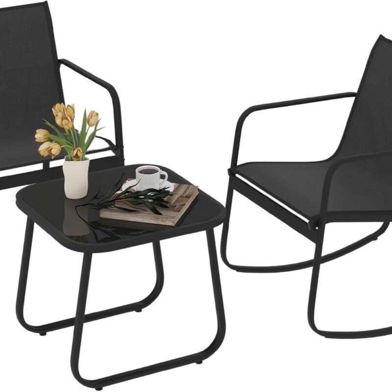 DWVO Black 3-Piece Patio Bistro Set, Outdoor Textilene Furniture with 2 Rocking Chairs and Coffee Table for Backyard Lawn Garden Balcony Poolside