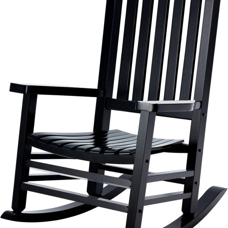Wooden Rocking Chair Rocker Outdoor Oversized Porch Rocker Chair,Patio Wooden Rocker with High Back and Armrest,All Weather Rocker Slatted for Backyard,Garden,400 lbs Support,Black