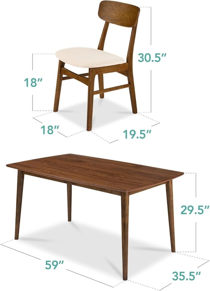 Best Choice Products 7-Piece Wooden Dining Set, Mid-Century Modern Table & Upholstered Chair Set w/ 6 Chairs, Rubberwood Legs - Walnut/Cream - Image 8